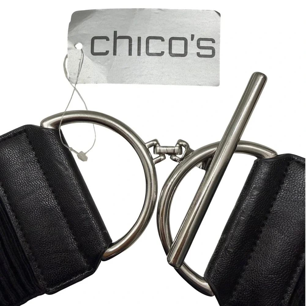 Chicos‎ Black Wide Stretch Belt Waist Cinch Size M/L Silver O Ring Toggle Buckle